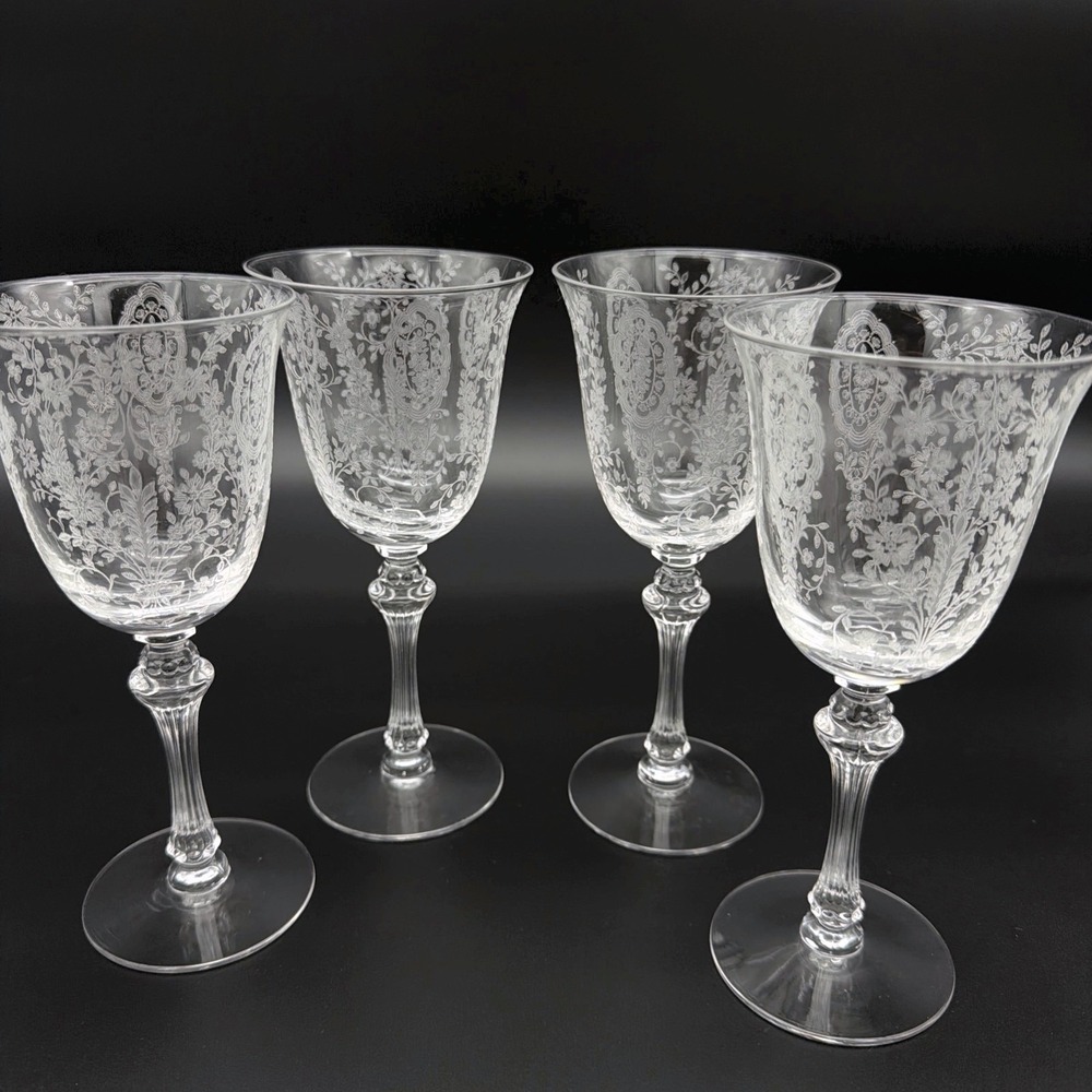 Tiffin Franciscan June Night VTG Set 4 Clear Glass Water Goblets Etched Floral